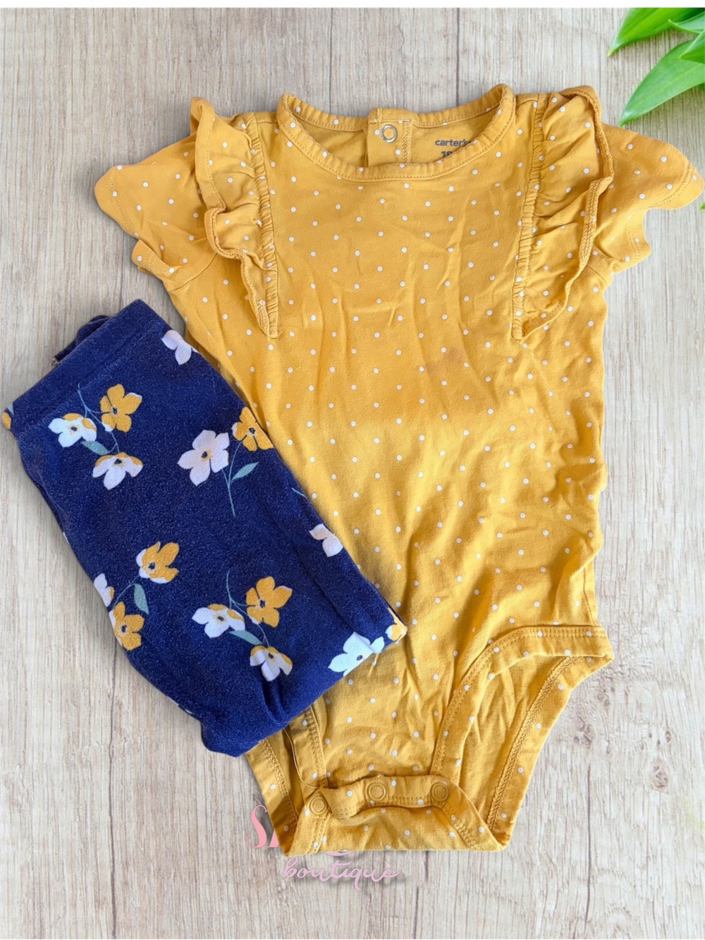 Carter's Mustard Yellow Dot Bodysuit with Navy Floral Leggings 18 mo